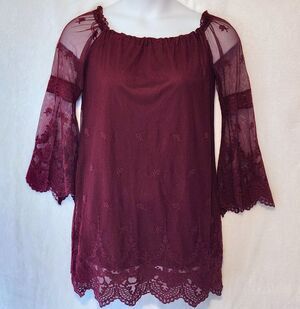 Roxberi Women's Sz L Lace Bell Sleeve Burgundy Shift Dress Coquette Whimsygoth